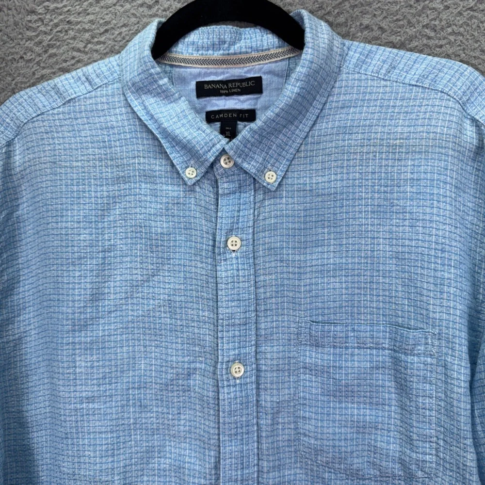 Banana Republic Shirt Men XL Tall Blue Check Camden Fit 100% Linen Button Preppy